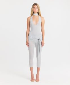 CUPRO JERSEY HALTER BODYSUIT | PEARL ON A MODEL FRONT VIEW @ | FOCUS: 0.0, 1.0, 0.9