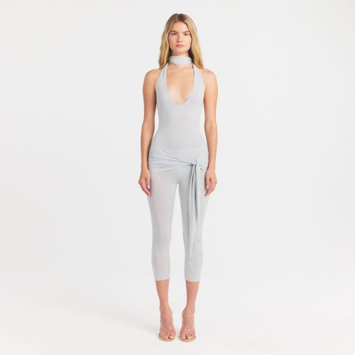 CUPRO JERSEY HALTER BODYSUIT | PEARL ON A MODEL FRONT VIEW @ | FOCUS: 0.0, 1.0, 0.9