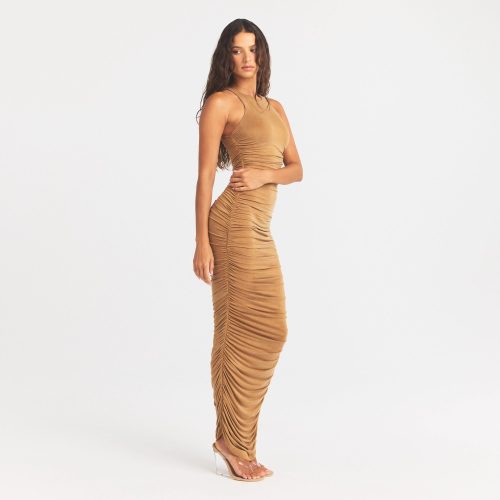 CUPRO JERSEY RUCHED LONG DRESS