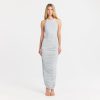 CUPRO JERSEY RUCHED LONG DRESS | PEARL ON A MODEL FRONT VIEW @ | FOCUS: 0.0, 1.0, 0.9