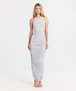 CUPRO JERSEY RUCHED LONG DRESS | PEARL ON A MODEL FRONT VIEW @ | FOCUS: 0.0, 1.0, 0.9