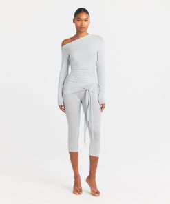 CUPRO JERSEY ASYMMETRICAL TOP | PEARL ON A MODEL FRONT VIEW @ | FOCUS: 0.0, 1.0, 0.9