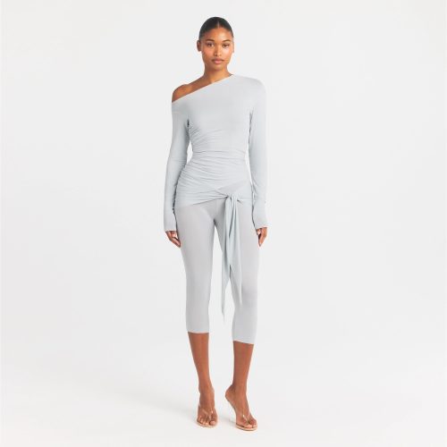 CUPRO JERSEY ASYMMETRICAL TOP | PEARL ON A MODEL FRONT VIEW @ | FOCUS: 0.0, 1.0, 0.9